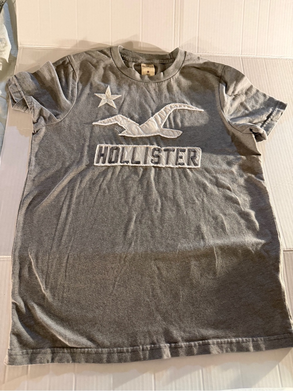 #317  Hollister Gray Short Sleeve Kids Logo Tee with White Applique